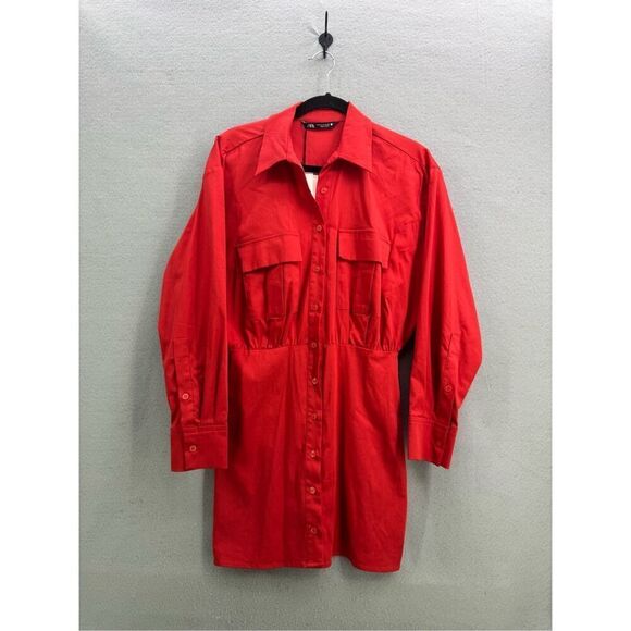 NWT Zara Womens Red Long Sleeve Front Pocket Button Shirt Dress Size Medium - Picture 9 of 10